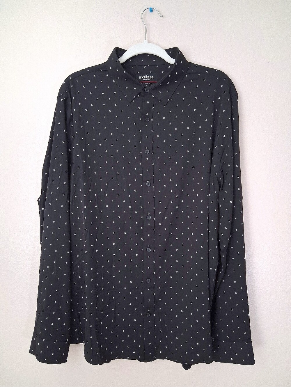 Express XL Letter Print Slim Fit Button-Up Shirt Moisture Wicking Stretch